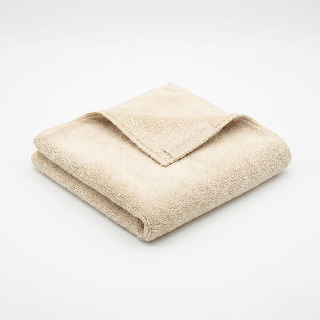 Aussie Glow microfiber buffing cloth — folded product shot